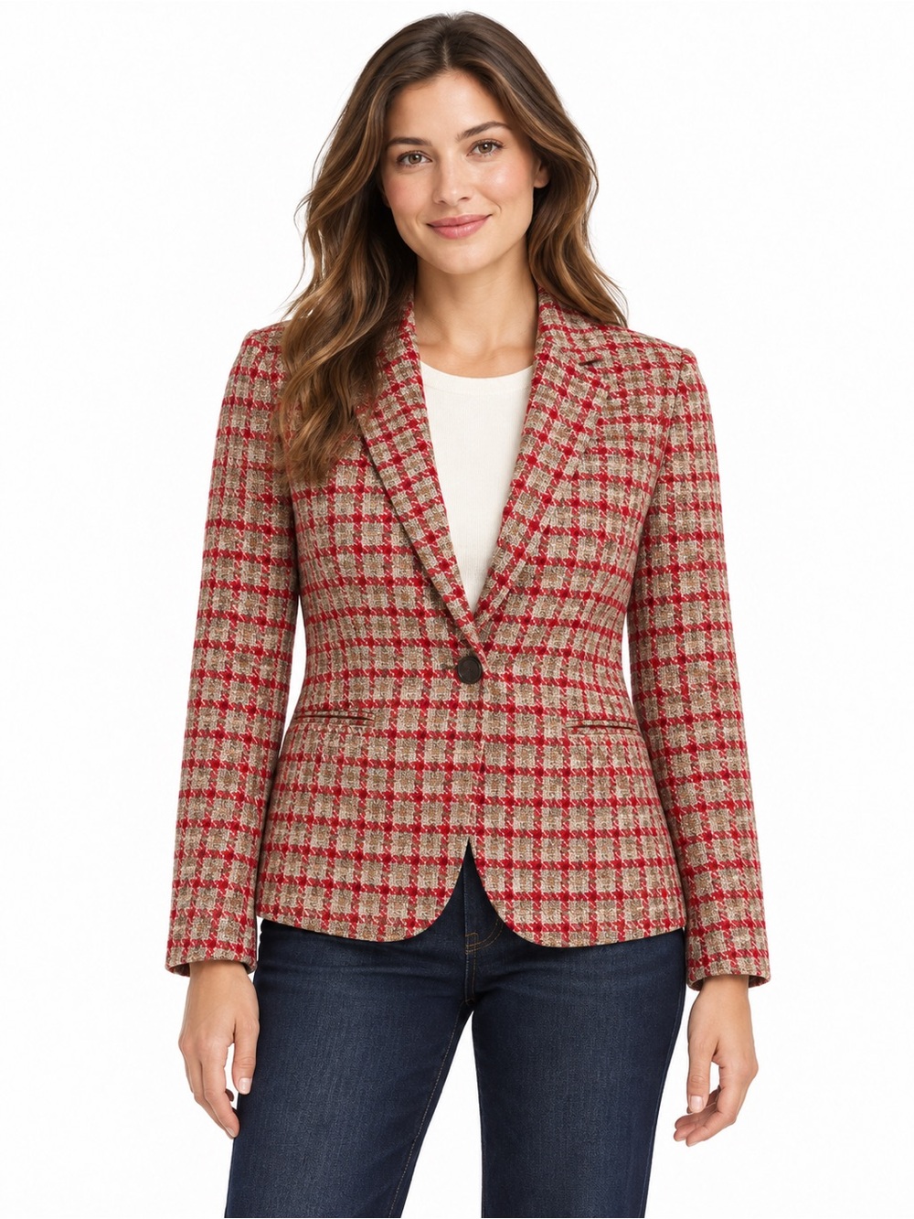 Lands’ End Plaid Knit Blazer XS 2–4 Red Tan Single Button Preppy Jacket